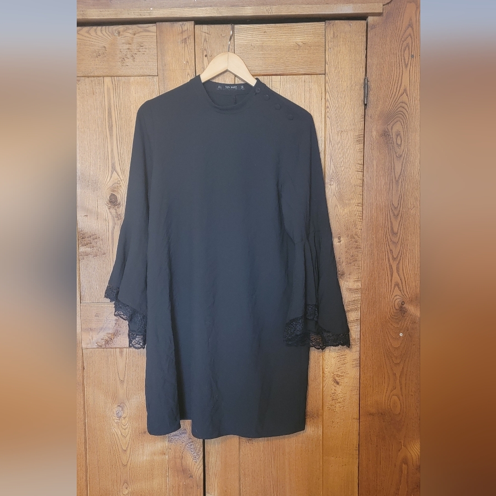 Zara Black Midi Dress with Lace Bell Sleeves